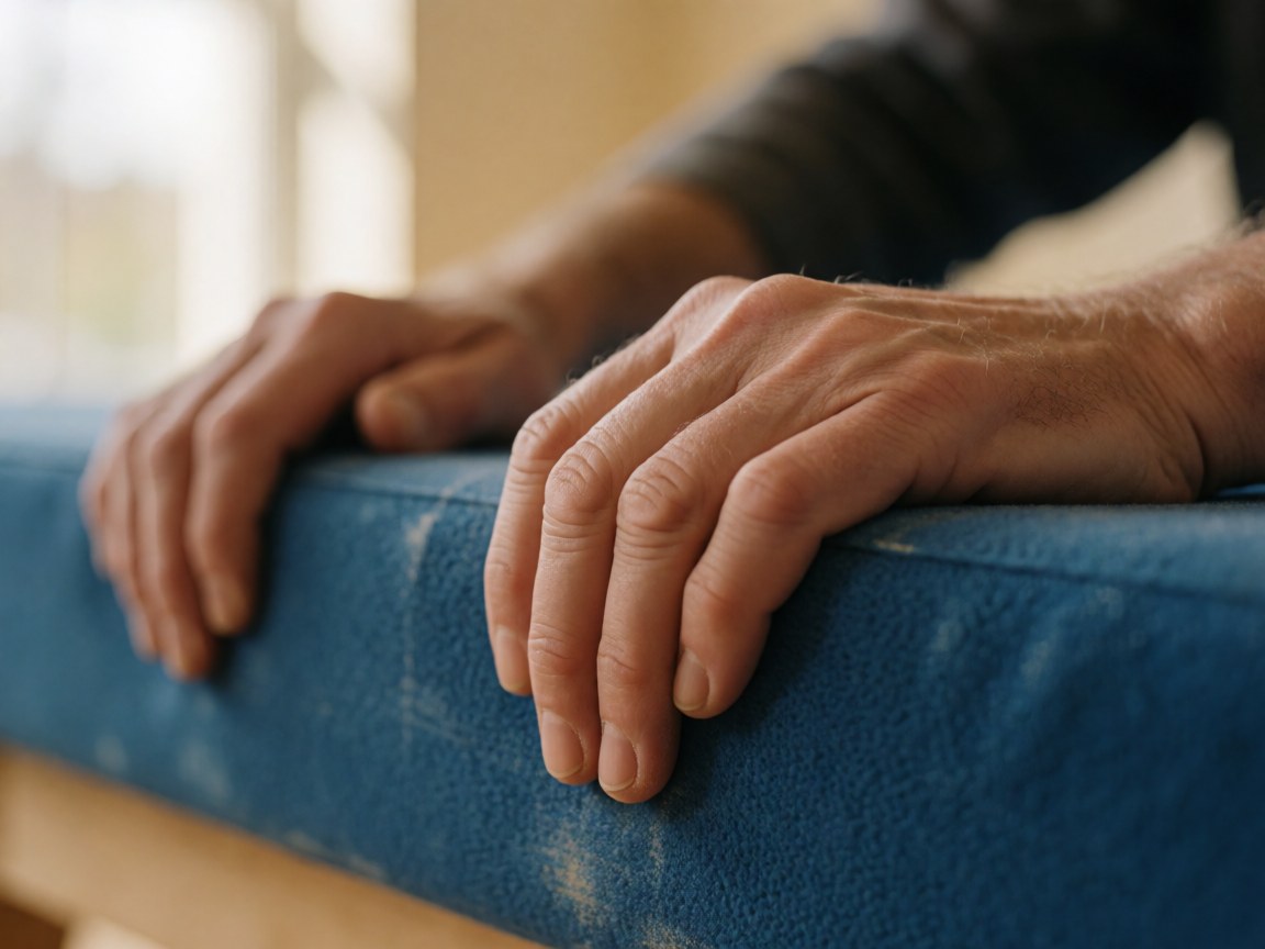 Gros plan sur des mains adultes saisissant fermement un tapis de gymnastique bleu texturé sous une lumière naturelle avec un fond flou.
