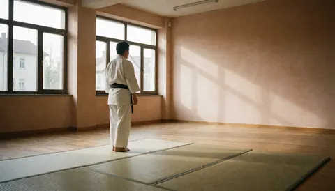 Un adulte en uniforme blanc et ceinture noire se tient sur des tatamis dans un dojo aux murs terracotta et grandes fenêtres laissant entrer la lumière du soleil.