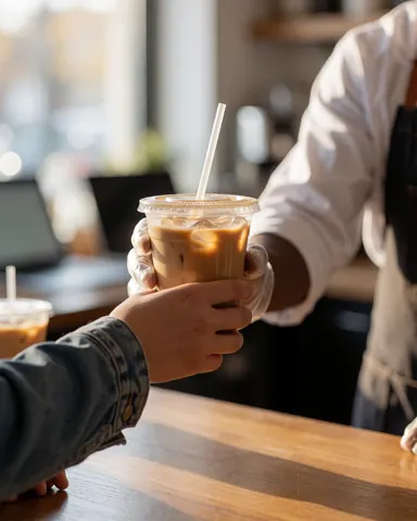 Une main portant un gant tient un verre de café froid avec de la glace, posé sur une table en bois dans un cadre lumineux.