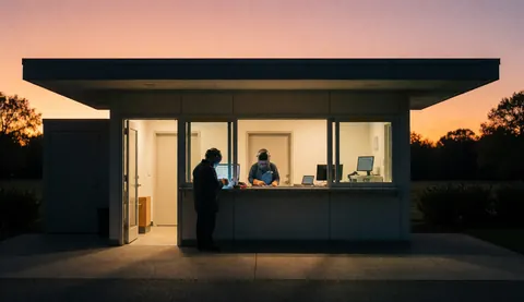 Stand moderne avec des personnes travaillant sur des ordinateurs au coucher du soleil, éclairage intérieur chaleureux et ciel violet et orange