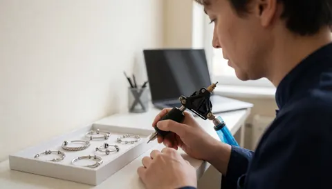 Un tatoueur professionnel travaille dans un studio. Des outils sont visibles. L'éclairage est naturel. L'ambiance est propre et professionnelle.