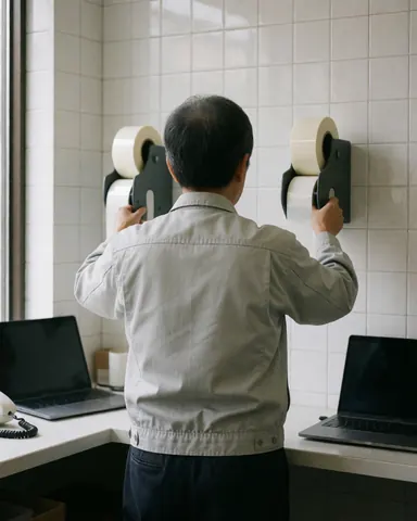 Un employé installe des rouleaux de ruban adhésif sur un mur de carreaux blancs. Des ordinateurs portables sont posés sur le bureau, préparant l'équipement pour le travail en équipe.