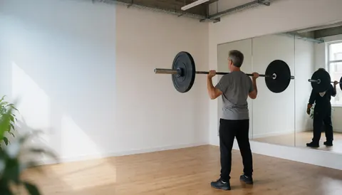 Un homme adulte effectue un exercice de levée de barre dans un gymnase lumineux aux murs miroirs et au sol en bois.