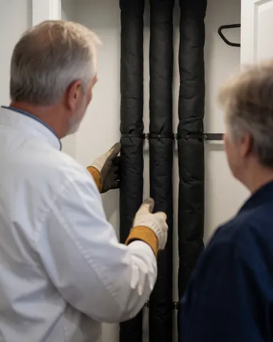 Un technicien en gants présente des tuyaux noirs isolés à un client dans un placard avec des murs blancs et une lumière douce.