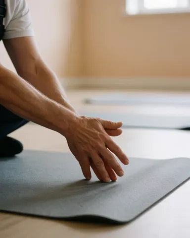 Mains d'une personne s'étirant sur un tapis de yoga gris dans un gymnastique aux murs beiges et à la lumière naturelle, en préparation pour un cours d'escalade.