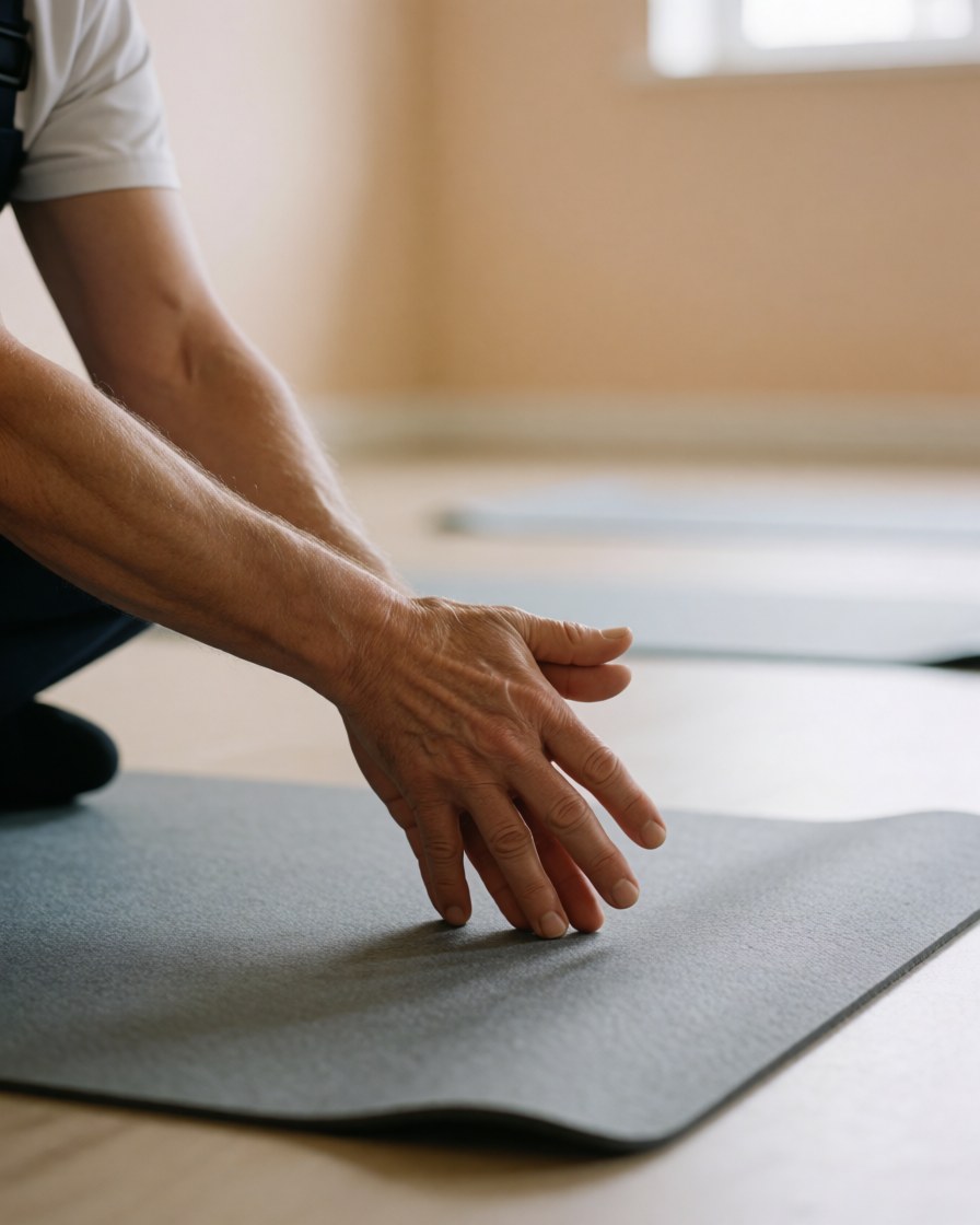 Mains d'une personne s'étirant sur un tapis de yoga gris dans un gymnastique aux murs beiges et à la lumière naturelle, en préparation pour un cours d'escalade.