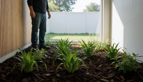 Un jardinier adulte examine des jeunes plants posés sur un lit de paillis de bois, près d'un mur de planches et d'un jardin clôturé de blanc.