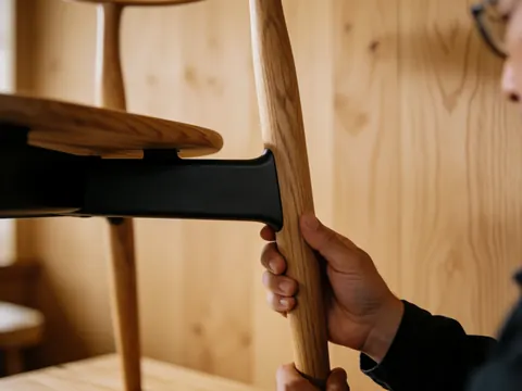 Main ajustant la jonction bois et métal d'une chaise de design, avec murs en bois et lumière chaude, idéal pour photographe de produit.
