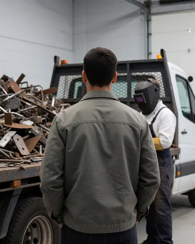 Vue arrière d'un client observant un camion rempli de ferraille dans un atelier de recyclage, avec un travailleur portant un casque de soudage en arrière-plan.