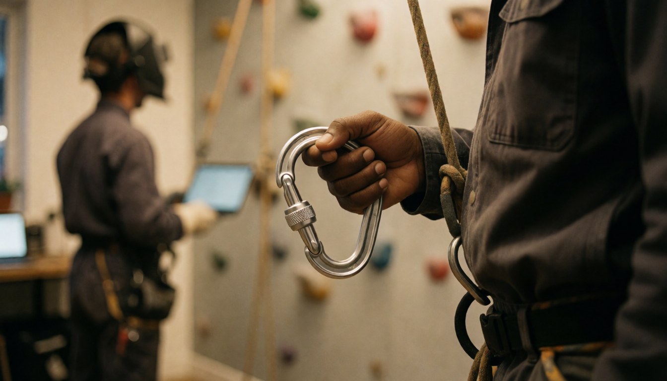 Entraîneur de escalade tenant un mousqueton dans un gymnase avec mur d'escalade, mettant l'accent sur l'équipe de sécurité.