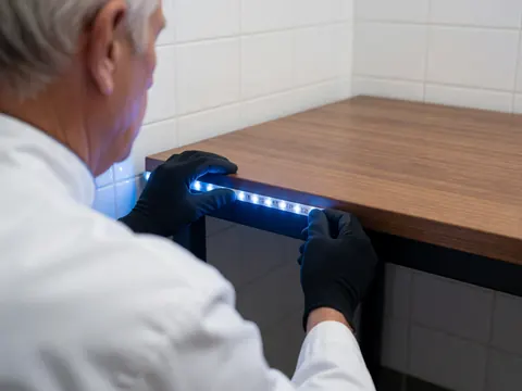 Un technicien portant des gants noirs fixe une bande led bleue brillante sur le bord d'une table en bois avec des murs carrelés blancs pour un événement.