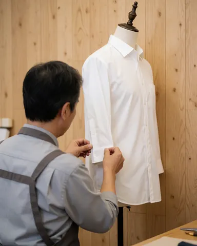 Un tailleur ajuste la manche d'une chemise blanche sur un mannequin dans un atelier avec des panneaux en bois, illustrant le service de réparation de chemises.