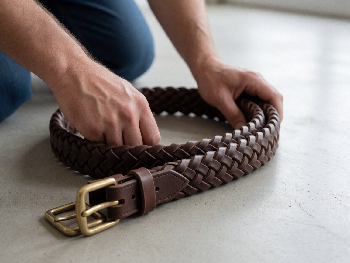 Ceinture en cuir tressé avec des détails en bronze, mains travaillant sur du béton, vue rapprochée des outils pour un centre équestre.