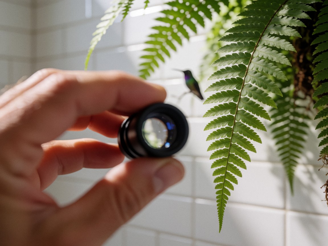 Main tenant une loupe près d'une feuille de fougère verte avec un colibri en arrière-plan sur un mur de carreaux blancs