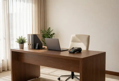 Espace de massage avec table en bois, ordinateur portable, terminal de paiement, plantes et rideaux, baigné de lumière naturelle.
