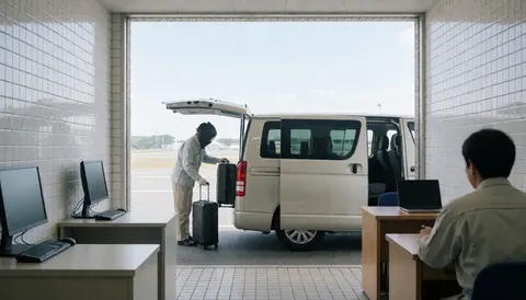 Une personne charge des bagages dans le coffre d'une fourgonnette blanche stationnée à l'aéroport, devant un mur de carreaux blancs et un bureau avec des ordinateurs.