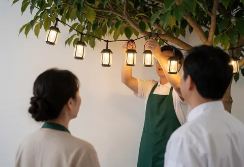 Un technicien en tenue verte fixe des lumières solaires sur un arbre tandis que deux clients observent la scène dans un cadre chaleureux et professionnel.