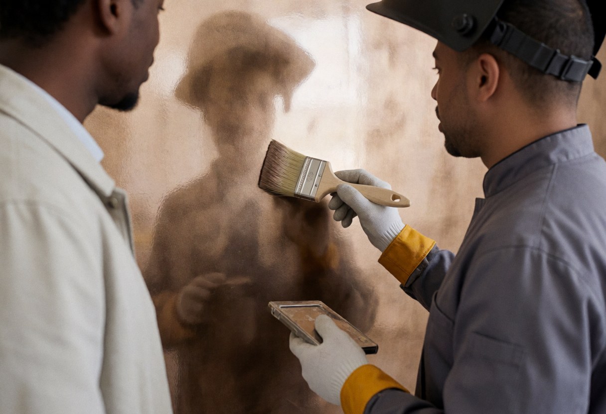 Un peintre professionnel applique une finition métallique brillante sur un mur avec un pinceau tandis qu'un client observe le travail en cours.