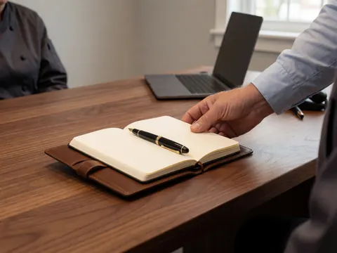 Une main dépose un carnet de notes et un stylo sur une table en bois foncé, évoquant la planification et l'organisation en milieu professionnel.