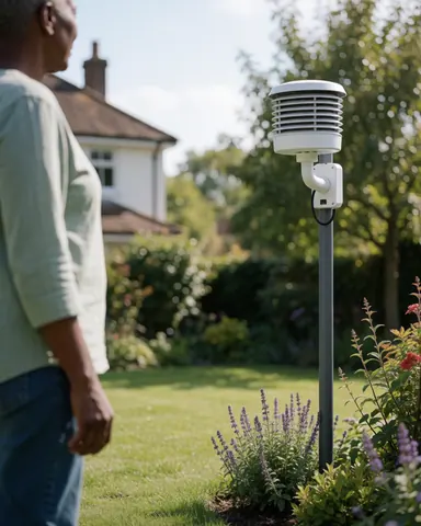 Une personne adulte regarde une station météo installée dans un jardin, avec une maison et des arbres en arrière-plan, créant une scène calme et naturelle.
