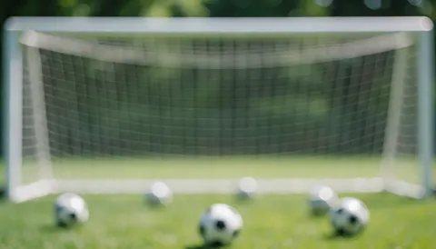Filet de but blanc avec des ballons de football posés sur une pelouse verte, effet de flou artistique, idéal pour un fond sportif.