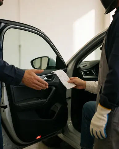 Un employé de lavage de voiture remet un reçu au client qui tient la portière ouverte, montrant un intérieur propre et une lumière naturelle dans l'atelier.