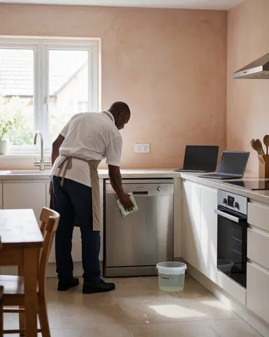 Un technicien de réparation d'appareils électroménagers nettoie le sol avec une microfibre près d'un lave-vaisselle dans une cuisine moderne et bien éclairée.