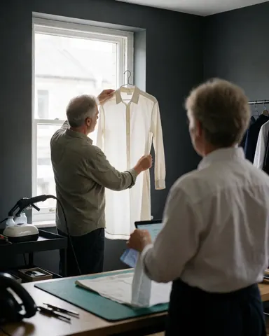 Une cliente inspecte une chemise blanche suspendue devant une fenêtre dans un atelier de textile tandis qu'un professionnel utilise une tablette.