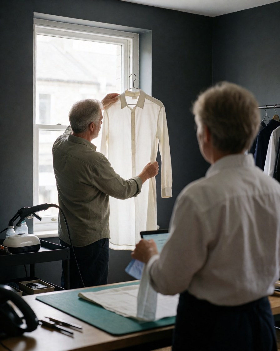 Une cliente inspecte une chemise blanche suspendue devant une fenêtre dans un atelier de textile tandis qu'un professionnel utilise une tablette.