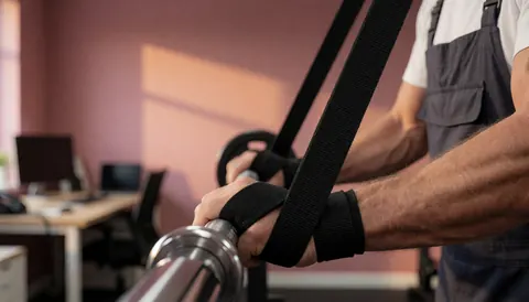 Un entraîneur de musculation en bretelles noires soulève une barre chromée dans un gymnastique aux murs roses et à la lumière chaude, idéal pour une page d'accueil.