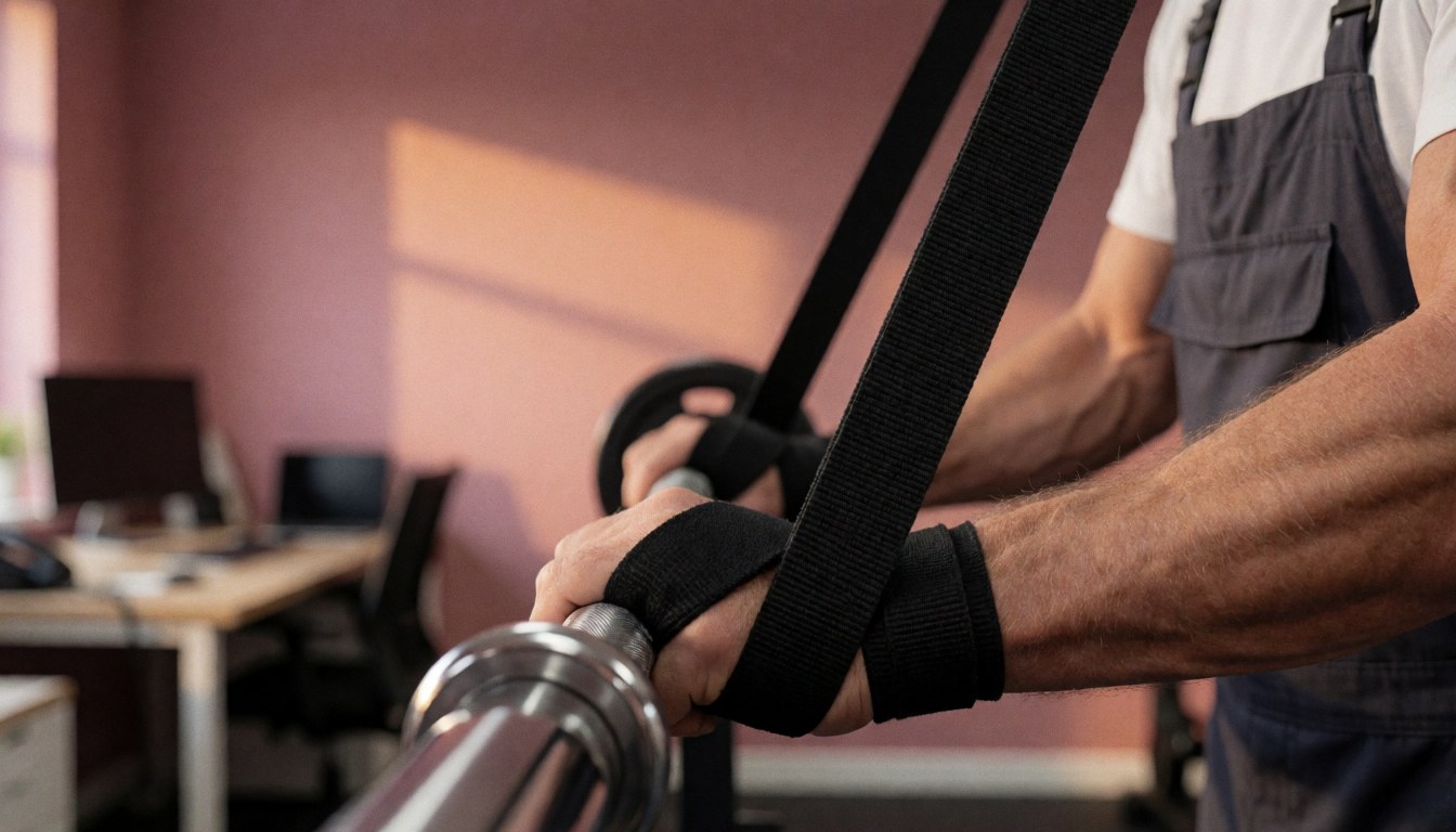 Un entraîneur de musculation en bretelles noires soulève une barre chromée dans un gymnastique aux murs roses et à la lumière chaude, idéal pour une page d'accueil.