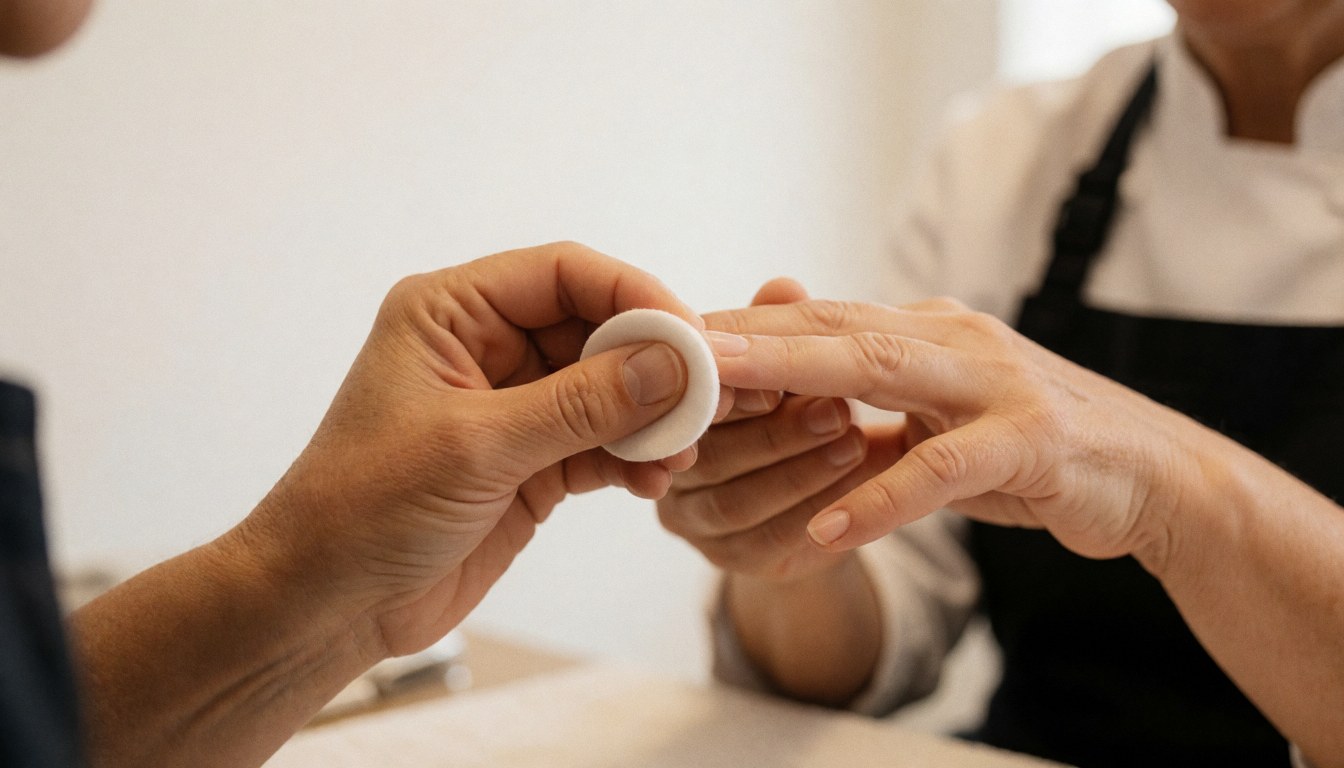 Une manucuriste portant un tablier noir applique du dissolvant sur une ongle avec un coton dans un salon aux murs blancs.