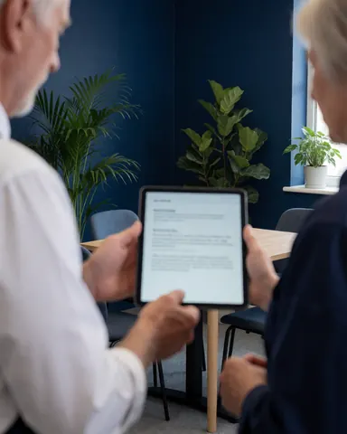 Deux professionnels consultent une tablette dans un bureau moderne avec des plantes et des murs bleus.