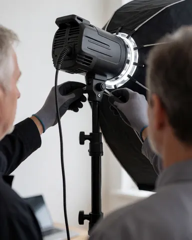 Un photographe portant des gris ajuste un softbox noir dans un studio aux murs blancs, concentré sur l'équipement d'éclairage.