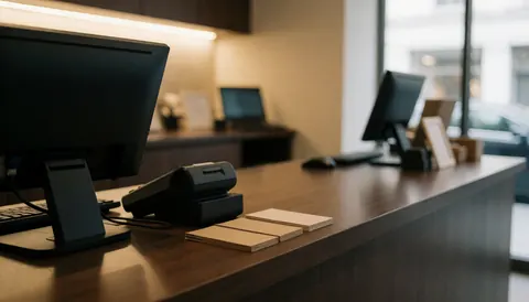 Comptoir de magasin avec moniteur, terminal de paiement et brochures, éclairage chaleureux et ambiance professionnelle pour entreprise de pneus.