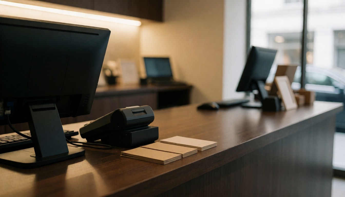 Comptoir de magasin avec moniteur, terminal de paiement et brochures, éclairage chaleureux et ambiance professionnelle pour entreprise de pneus.