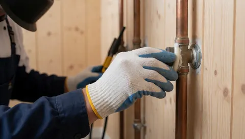 Une main portant un gant de protection applique un produit d'étanchéité sur un tuyau en cuivre, avec un mur en bois et un outil visibles en arrière-plan.