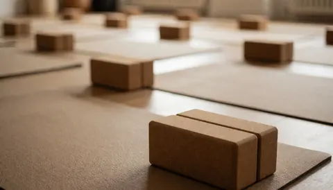 Des blocs de yoga en bois et des tapis disposés sur des couvertures dans un studio éclairé par une lumière chaude, offrant un fond neutre idéal pour ajouter du texte.