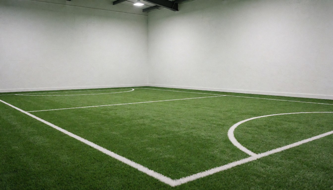 Vue d'un terrain de football en intérieur avec des lignes blanches distinctes, des murs blancs et un éclairage clair, idéal pour un club sportif.