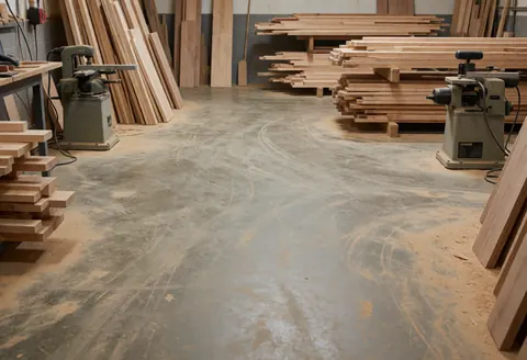 Atelier de menuiserie avec piles de bois, sol en béton couvert de sciure et machines industrielles, idéal pour les installateurs de cuisines.