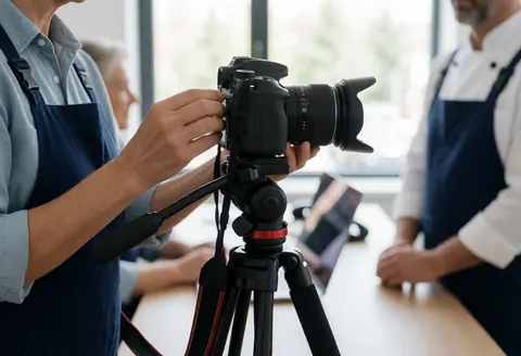 Un professionnel ajuste son appareil photo reflex numérique posé sur un trépied dans une cuisine, avec un chef en arrière-plan, créant une scène réaliste pour un restaurant ou une entreprise de photographie.