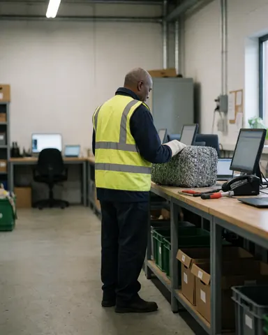 Un ouvrier en gilet de sécurité examine une balle de copeaux métalliques dans un atelier industriel équipé de bureaux et d'ordinateurs.