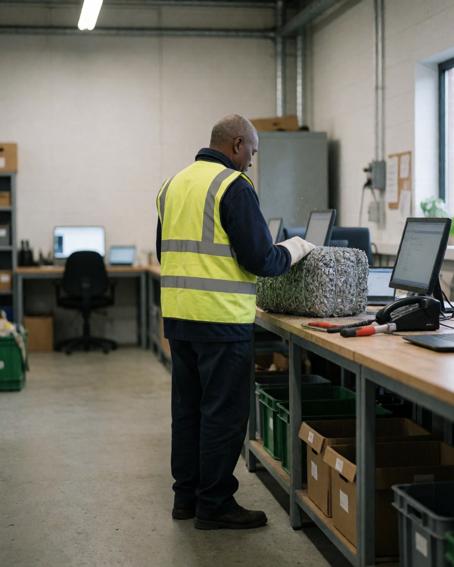 Un ouvrier en gilet de sécurité examine une balle de copeaux métalliques dans un atelier industriel équipé de bureaux et d'ordinateurs.