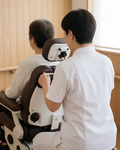 Un thérapeute en uniforme blanc ajuste un fauteuil de massage pour un client âgé dans une pièce aux murs en bois et à la lumière naturelle.