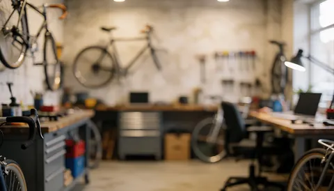 Arrière-plan d'atelier de vélo avec vélos suspendus, outils au mur et tables de travail, idéal pour insérer du texte