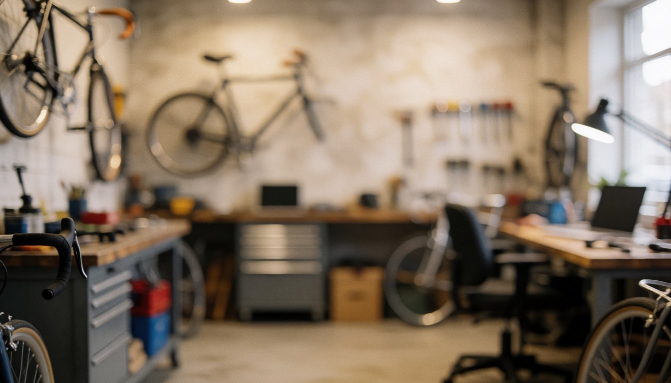 Arrière-plan d'atelier de vélo avec vélos suspendus, outils au mur et tables de travail, idéal pour insérer du texte