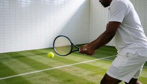 Un joueur de tennis professionnel frappe une balle avec une raquette sur un court en herbe entouré de murs carrelés blancs, idéal pour un club de tennis.
