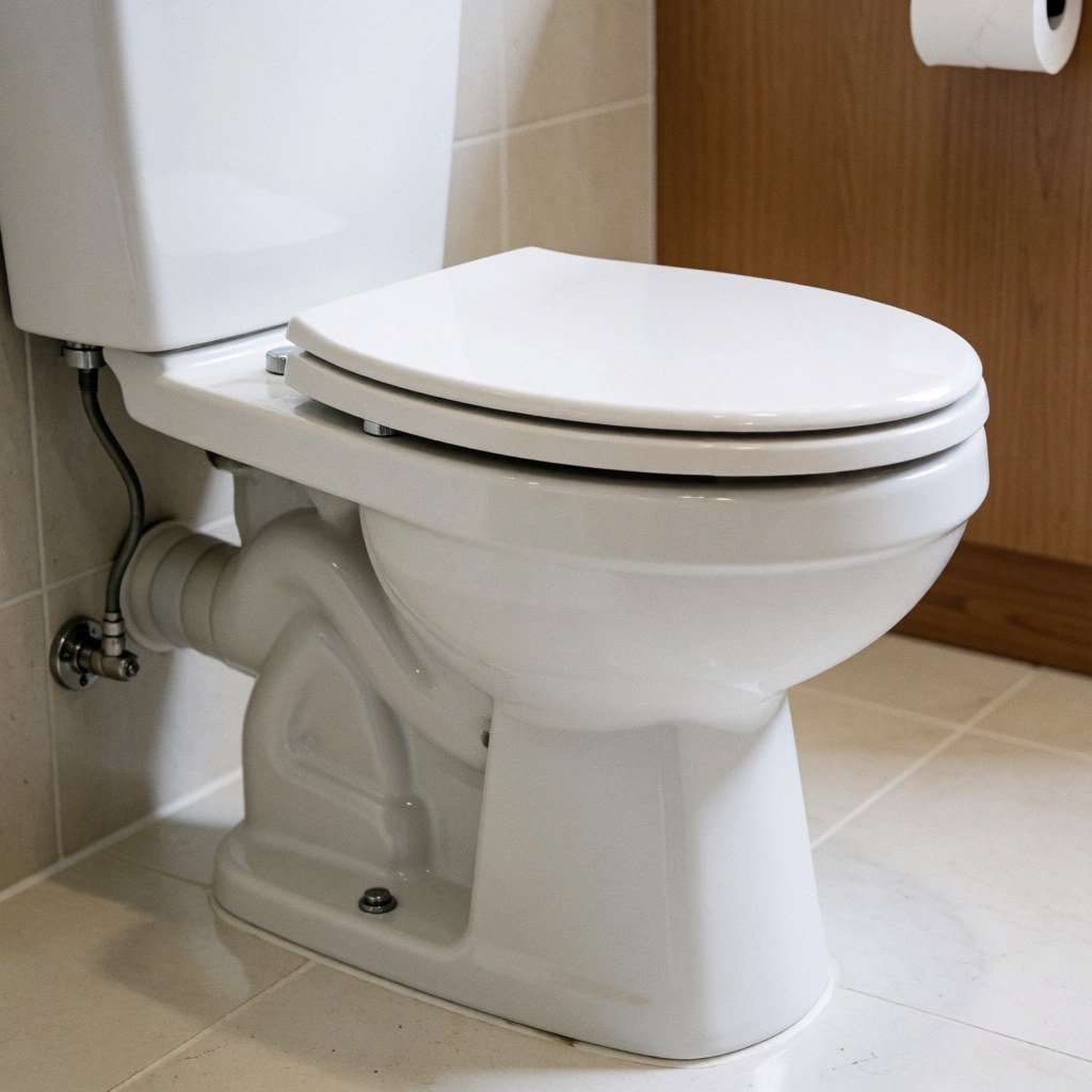 Toilette blanche neuve installée dans une salle de bain avec des carreaux et un sol en dalles, idéale pour une entreprise d'installation de salles de bain.