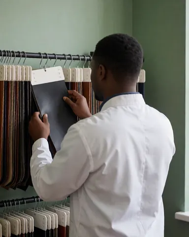 Un ouvrier en atelier examine des échantillons de matériau cuir. Il porte des vêtements de travail professionnels. Le fond présente un mur vert et une étagère.