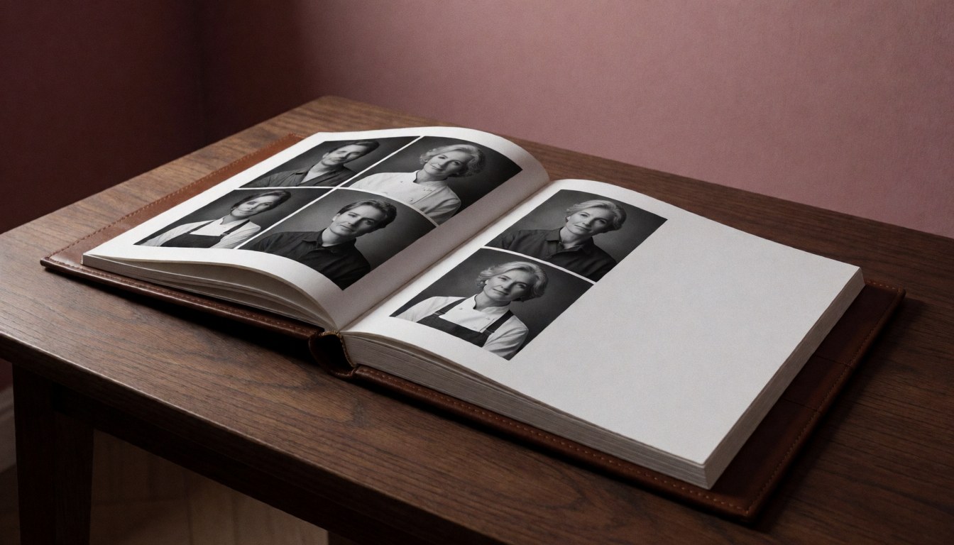 Cahier de portraits ouvert sur une table en bois foncé, affichant des photographies en noir et blanc, idéal pour la page d'accueil d'un site web de photographe professionnel.